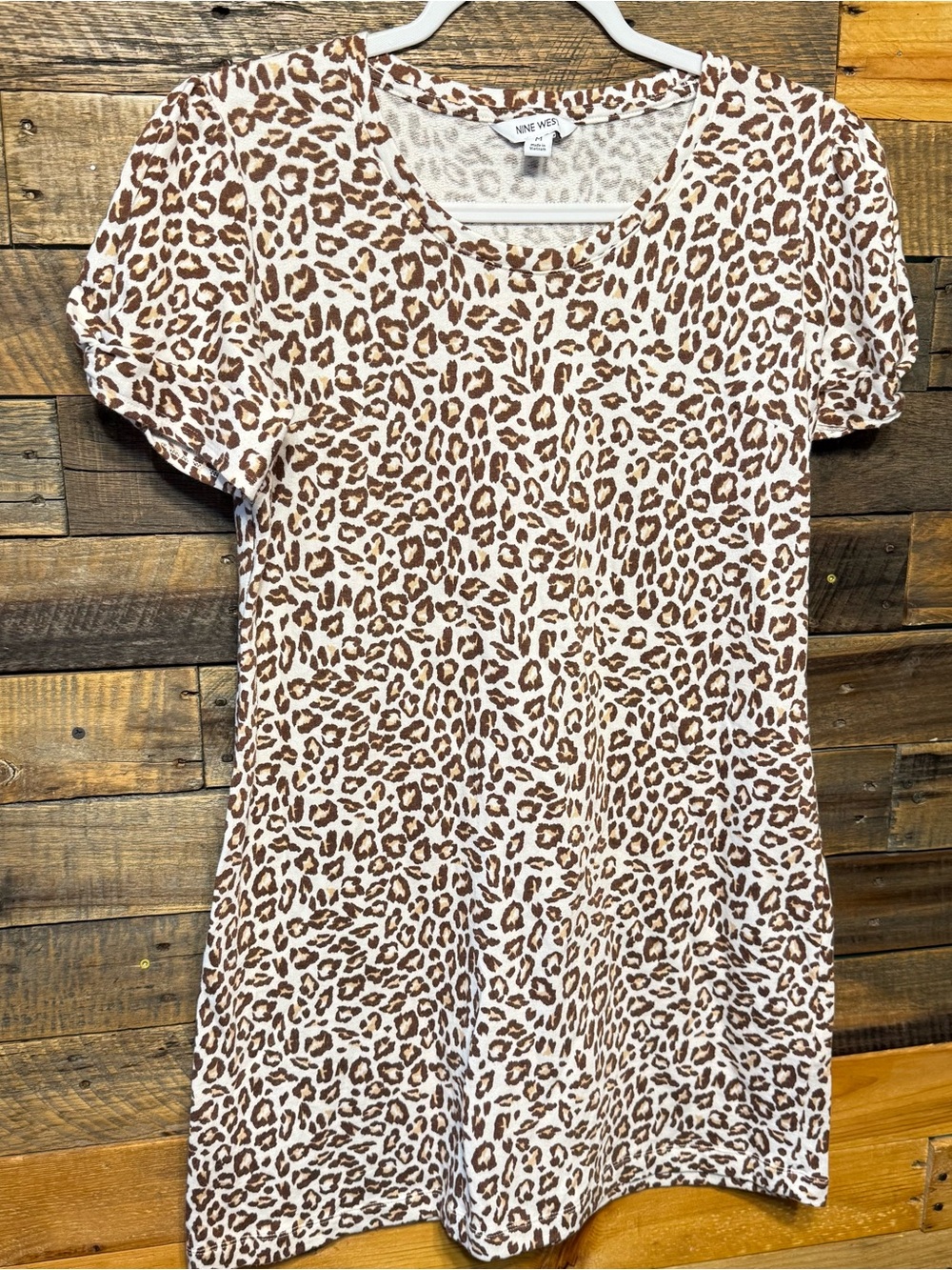 Nine West Womens Medium Beige Brown Leopard Print Puff Sleeve Soft Dress
